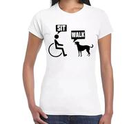 SIT & Walk | Men and Dog Talk | Drôle | Nouveauté | Blague | T-shirt pour femme, T-shirt blanc - Imprimé noir, L