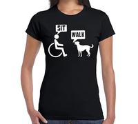 SIT & Walk | Men and Dog Talk | Drôle | Nouveauté | Blague | T-shirt pour femme, T-shirt noir - Imprimé blanc, L