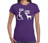 SIT & Walk | Men and Dog Talk | Drôle | Nouveauté | Blague | T-shirt pour femme, T-shirt Violet - Imprimé Blanc, L