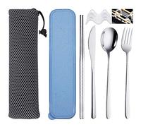 SITAKE 4 Pièces set Couverts Voyage en Acier Inoxydable, Couverts de Camping de Déjeuner Réutilisables avec Etui et Sac de Rangement- Baguettes, Couteau, Fourchette, Cuillère set pour Bureau (Argenté)