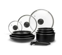 Sitram 713499 Batterie de Cuisine Aluminium 10 Pièces : 3 Poêles Ø20,24,28 cm + 3 Casseroles Ø16,18,20 cm + 3 Couvercles Verre Ø16,20,24 cm + manche amovible, Tous feux dont induction