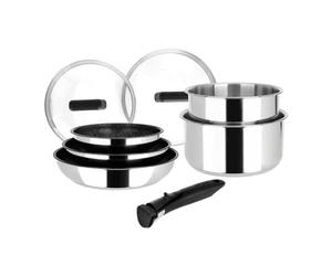 Sitram 714248 Batterie de cuisine Inox 8 Pièces : 3 Poêles Ø20,24,28 cm + 2 Casseroles Ø16,18 cm + 2 Couvercles Verre Ø16,18 cm + manche amovible, Tous feux dont induction