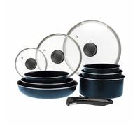 Sitram 714251 Batterie de cuisine 10 pcs Aluminium bleu métal mat : manche amovible, 3 Poêles Ø20,24,28 cm, 3 Casseroles Ø16,18,20 cm, 3 Couvercles Verre Ø16,20,24 cm, tous feux dont induction