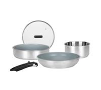 Sitram 716744 Batterie de Cuisine inox 5 pcs : 1 manche amovible, 1 casserole Ø18cm, 1 Poêle Ø28cm, 1 Sauteuse Ø24cm, 1 Couv verre - Revêtement Antiadhésif Sain en Céramique - Tous feux dont induction