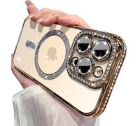 Sitthyw Coque à Paillettes iPhone 16 Pro Compatible avec MagSafe Étui Transparente Diamant Glitter Housse Souple et Fine Magnétique Brillant Cover Anti-Rayures Camera Protection Case, Or