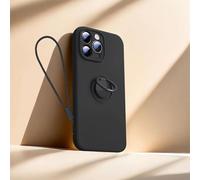 Sitthyw Coque pour iPhone 16 en Silicone Mat avec Anneau Support à 360° & Dragonne Amovible Housse Support Magnétique De Voiture, Souple Microfibre en intérieure Antichoc Case, Noir
