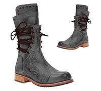 SIULAS Bottes de Cosplay Médiévales Femmes PU Cuir Mi-Mollets Retro Punk Lacets Bas Talons Automne Hiver Moto Festival GN Chaussures Vintage Cowboy Western, Gris, 37