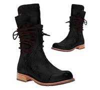SIULAS Bottes de cosplay médiévales Femmes PU Bottes en cuir Bottes mi-mollets Retro Punk Lacets Bas Talons bas Automne Hiver Moto Bottes Festival GN Chaussures Vintage Cowboy Western Bottes,Noir,40