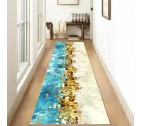 Siunwdiy Tapis Couloir Long Moderne Motif Abstrait Patchwork,Tapis de Passage À Poil Court Doux,Tapis Entree Interieur Long,Tapis de Couloir Au Metre, Noir Blanc Or Turquoise Beige,d'or,60x300cm