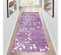 Siunwdiy Tapis Cuisine Devant Evier 60x160cm Violet Clair Antidérapant et Lavable -Tapis Couloir Long Moderne Motif de Feuilles Blanches, d Entree Interieur, de Passage au Metre pour Salon Chambre