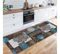 Siunwdiy Tapis de Cuisine Devant Évier Classique - Marron Bleu 50X140cm Antidérapant Lavable Fin Long pour Couloir, Salon, Chambre