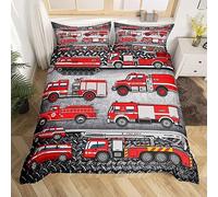 SIVAGA Housse de Couette 140x200 Camion de Pompier Rouge, Parure de Lit Enfant 1 Personne en Microfibre Douce Imprimée en 3D avec 2 Taies d'oreiller avec Fermeture Éclair