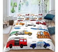 SIVAGA Housse de Couette 140x200 Voiture de Dessin Animé Camion de Pompier, Parure de Lit Enfant 1 Personne en Microfibre Douce Imprimée en 3D avec 2 Taies d'oreiller avec Fermeture Éclair