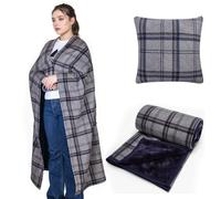 SIVENKE Couverture Portable Coussin Compact 2-en-1 Couverture de Genoux Femmes Poncho Polaire avec Bouton Plaid à Carreaux Couvre-lit Coussin pour Lit, Canapé, Bureau, 135 x 120 cm