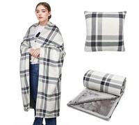 SIVENKE Couverture Portable Coussin Compact 2-en-1 Couverture de Genoux Femmes Poncho Polaire avec Bouton Couvre-lit à Carreaux Coussin pour Lit, Canapé, Bureau, gris/blanc, 135 x 120 cm