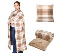 SIVENKE Couverture Portable Oreiller Compact 2 en 1 Couverture de Jour pour Femmes Poncho Polaire avec Bouton Plaid à Carreaux Oreiller pour lit, Canapé, Bureau