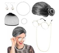 SIWOKJJO Perruque de grand-mère, collier, moustache, verres courts bouclés, perruque afro shaggy, accessoires de costume de grand-mère pour tenue des années 70, 80, 90 pour femme