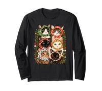 Six Chats Floral Folk Art Cottagecore Kitty Design Manche Longue