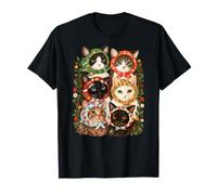 Six Chats Floral Folk Art Cottagecore Kitty Design T-Shirt
