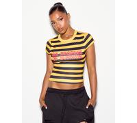Six Degrees Of Slogan Crop Top Rayé Manches Courtes Col Rond Ajusté Coupe Slim Style Festival d'Été L,M,S,XSLettres,RayéTissu tricoté