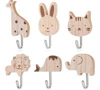 Sixfox Crochets Muraux en Bois, Lot de 6 patères autocollantes en bois motif animaux mignons, motif éléphant, baleine, chat, lion, lapin, girafe, pour chambre, salle de bain, cuisine