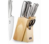 SIXILANG Ensemble de couteaux de cuisine 8 pièces avec manche creux en acier inoxydable avec bloc en bois de chêne, aiguiseur manuel et couteaux de chef