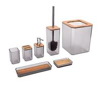 SIXRUN Ensemble D'accessoires de Salle de Bain en Bambou, Kit Durable pour la Maison et L'hôtel, Porte-savon, Brosse à Dents, Tasse, Poubelle, ABS + Bambou, 7 Pièces (GREY)