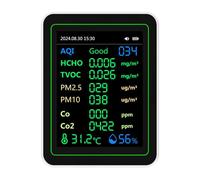 SIXRUN Testeur de qualité de l'air, Moniteur de qualité de l'air Intérieur ABS avec écran TFT, Détection de CO2 HCHO TVOC PM2,5 PM10, Batterie 2000 MAh, Température et humidité pour le Bureau à