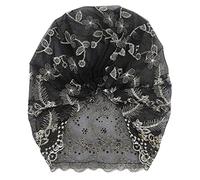 SIXRUN Turban Head Wraps élégant Style Plume Brodée pour Femme, Chapeau Extensible pour Voyage, Shopping, Fête, Camping, Matériau en Fil de Filet (BLACK)