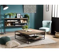 SIXTINE - Table Basse carrée avec tablettes 100x100cm Teck recyclé Acacia Mahogany recyclé et métal Noir