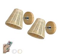 SIYANE Applique murale à piles avec abat-jour en rotin, ensemble de 2 appliques murales sans fil avec télécommande, ampoule LED à intensité variable, veilleuse en osier et bambou, éclairage de chambre