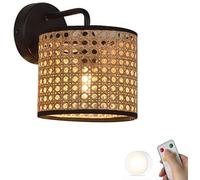 SIYANE Appliques murales en rotin à piles, applique murale en bambou tissé à distance, ampoule à intensité variable, lampe murale sans fil à LED, éclairage sans fil pour chambre à coucher, chevet, sal