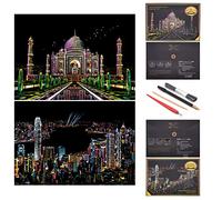 SiYear Croquis de Peinture Arc-en-Ciel en Papier à gratter, scène de Nuit de la série City, Cadeau créatif pour Peinture à gratter, Art de Panneau de Protection pour Adulte, avec 4 Outils