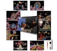 SiYear Lot de 10 feuilles de papier de peinture à gratter pour adultes et enfants, série monument, scène de nuit, tableau à gratter, cadeau créatif, gravure en aluminium avec 4 outils (série City - A4