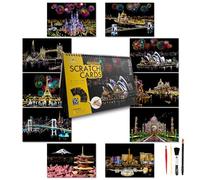 SiYear Lot de 10 feuilles de papier de peinture à gratter pour adultes et enfants, série monument, scène de nuit, tableau à gratter, cadeau créatif, gravure en aluminium avec 4 outils (City-A4)