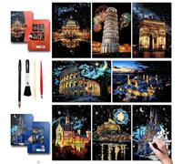 SiYear Lot de 8 feuilles de papier de peinture à gratter pour adultes et enfants, série monument, scène de nuit, tableau à gratter, cadeau créatif, gravure en aluminium avec 4 outils (série Europe