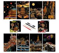 SiYear Papier à gratter arc-en-ciel pour croquis, scène nocturne de la série ville, cadeau créatif, tableau à gratter pour adulte avec 4 outils (ancienne capitale)