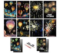SiYear Papier à gratter arc-en-ciel, scène de nuit de la ville, cadeau créatif, tableau à gratter pour adultes et enfants avec 4 outils (montgolfière + feux d'artifice)