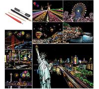 SiYear Scratch Paper Rainbow Painting Sketch, City Series Night Scene, Scratch Painting Creative Gift, Scratchboard pour Adultes et Enfants avec 4 Outils