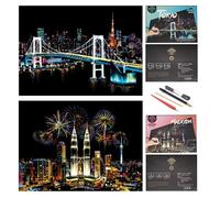 SiYear Scratch Paper Rainbow Painting Sketch, City Series Night Scene,Scratch Painting Creative Gift,Scratchboard for Adult and Kids with 4 Tools