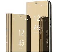 SIYOPINPFY Compatible avec Samsung Galaxy S21 Ultra Housse Coque Etui à Rabat, Luxueux Makeup Miroir Smart View Standing béquille 360° Protecteur Coque pour Samsung Galaxy S21 Ultra, Mirror Gold