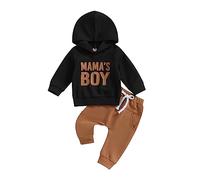 Siyova 2 Pièces Complet Bébé Mama's Garçon Sweat à Capuche Manches Longues+Pantalon Taille Élastique Combinaison Décontracté Automne Printemps Enfants, Noir , 0-6 mois