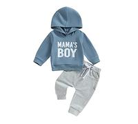 Siyova 2 Pièces Complet Bébé Mama's Garçon Sweat à Capuche Manches Longues+Pantalon Taille Élastique Combinaison Décontracté Automne Printemps Enfants, bleu, 12-18 mois