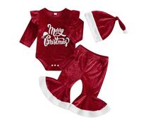Siyova Ensemble 3 pièces pour bébé fille pour Noël en velours Combinaison à manches longues + pantalon trompette + bonnet Combinaison de Noël élégante pour fille 0-24 mois