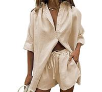 Siyova Ensemble pour femme en coton et lin de couleur unie avec boutons à demi-manches + short avec cordon de serrage complet d'été décontracté 2 pièces, beige, L