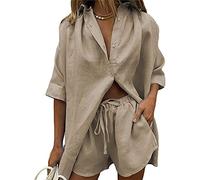 Siyova Ensemble pour femme en coton et lin de couleur unie avec boutons à demi-manches + short avec cordon de serrage complet d'été décontracté 2 pièces, kaki foncé, XL