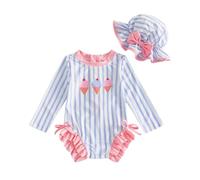 Siyova Maillots de Bain pour Bébés Fille et Tout-Petits Ensemble 2 Pièces avec Crème Glacée/Fraise Imprimer, Zippé Hauts à Manches Longue, Anti-UV avec Chapeau (Bleu, 18-24 Months)