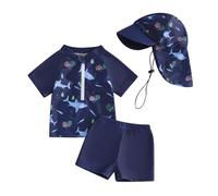 Siyova Maillots de Bain pour Bébés Garçon et Tout-petits Ensemble 3 Pièces avec Imprimé Cocotiers, Zippé Hauts à Manches Courtes, Short et Chapeau,Anti-UV avec Chapeau (Bleu foncé, 6-12 Months)