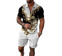 Size L Gold Black Whte Color Mixed Paisley Pattern Mens Short Sets 2 Piece Outfits Polo Shirt Fashion Summer Tracksuits Casual Set Short Sleeve and Shorts Set for Men