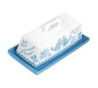 Sizikato Beurrier en porcelaine avec couvercle, motif fleur bleue et oiseau, 19 cm